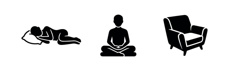 Fototapeta premium Relaxation and Comfort Icons - Sleeping, Meditating, and Armchair Silhouettes