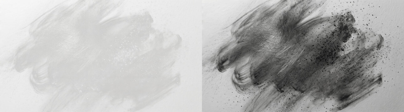 Black and white charcoal texture background with messy brush strokes and powder dust particles, artistic grunge overlay for modern graphic design, dramatic abstract backdrop for posters and print