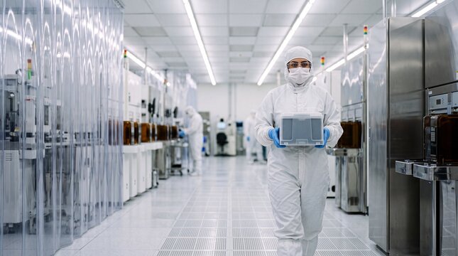 Frau im Reinraumanzug tr&auml;gt eine Wafer-Kassette durch eine Halbleiter-Chipfabrik in Halbtotale