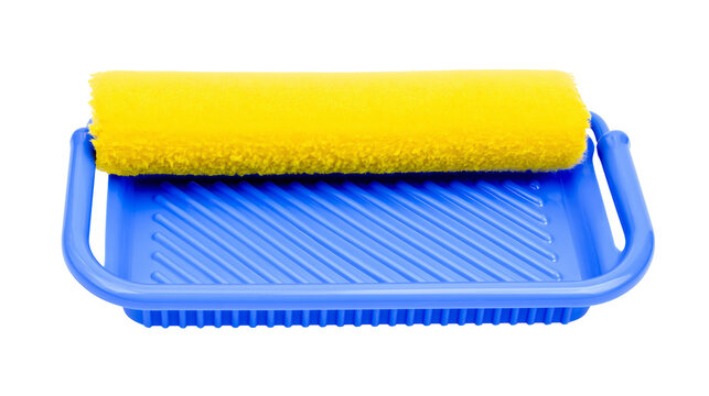 Yellow sponge roller with blue paint tray