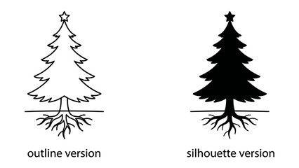 Obraz premium Christmas Tree Outline and Silhouette: A graphic representation comparing the outline and silhouette versions of a Christmas tree with prominent roots, suggesting growth and foundation.