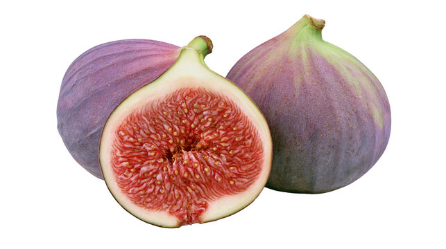 Whole and halved ripe purple figs with red flesh and seeds