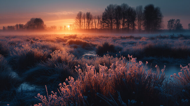 Winter Dawn in Frosty Meadow: The first rays of the rising sun pierce through the morning mist, casting a warm, golden glow over a frost-covered meadow dotted with silhouetted trees.