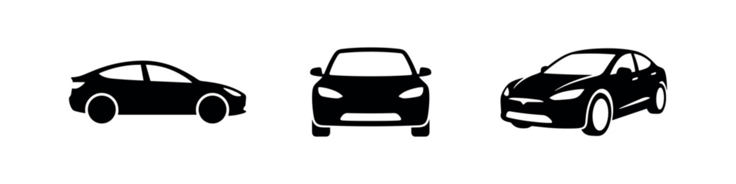 Electric Car Silhouettes Icons Set, Modern Eco-Friendly Vehicle Pictograms, Contemporary Electric Automobile Illustrations