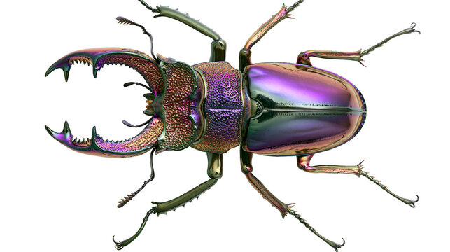 Iridescent metallic stag beetle with large mandibles