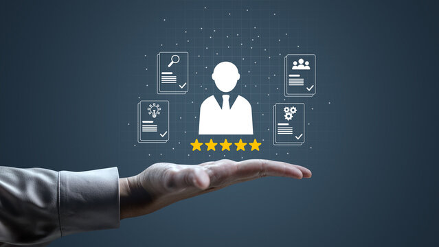 Hand holding a virtual icon representing employee performance review, talent management, skills assessment, HR development, and professional evaluation. Concept of Recruitment Qualification