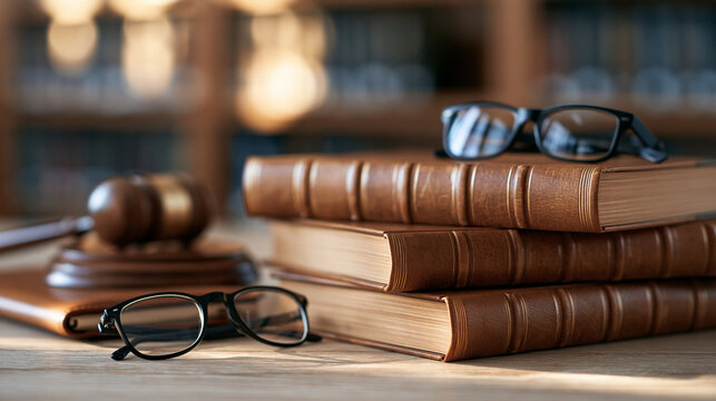 A realistic layout for a law school marketing banner. Placed on a light-colored wooden table, a minimalist still life features stacked legal reference manuals, a closed leather pla