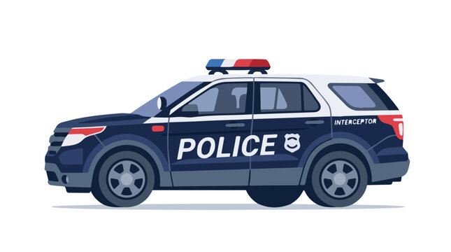 Illustration of a police car in dark blue and white colors with emergency lights on top for law enforcement and public safety