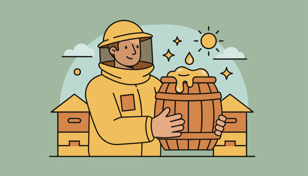 Friendly beekeeper wearing protective gear and holding a wooden barrel overflowing with fresh honey near active hives.