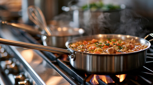 commercial kitchen range, a single large stainless stockpot simmering with bones and mirepoix, faint steam, one whisk resting against the rim of a saucier on the next burner, every