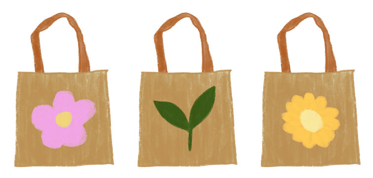 Eco friendly tote bag collection bundle featuring hand drawn canvas bags with floral and leaf motifs in crayon style.