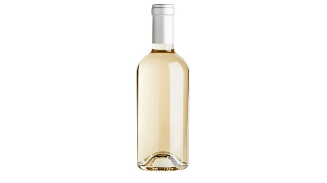 Clear glass bottle with pale yellow liquid and silver cap