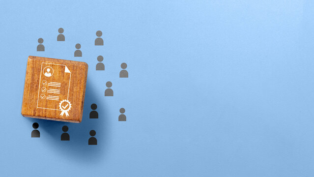 A wooden block with an icon of a resume and a badge on a blue background surrounded by silhouettes of people. Concept of Recruitment Qualification