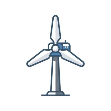 Minimalist flat icon illustration of a three-blade wind turbine for renewable energy, featuring a blue and white nacelle on a grey tower, isolated on a white background.