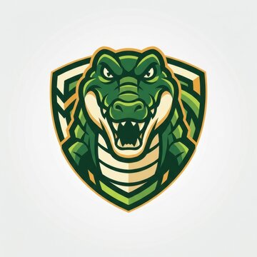 Stylized green crocodile head mascot logo within a protective shield frame, featuring an aggressive expression with open jaws, suitable for sports teams or gaming brand identity.