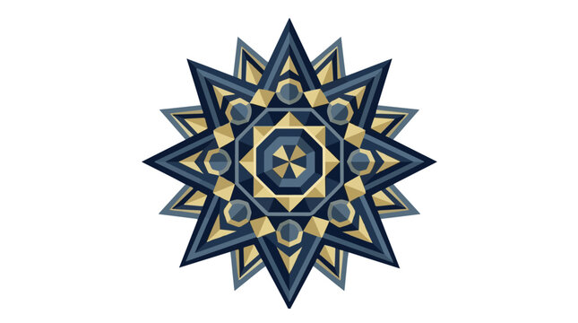 Geometric starburst pattern with shades of blue beige and gray featuring intricate symmetrical shapes suitable for decorative and design projects