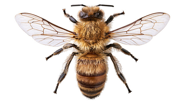 Honey bee with wings and fuzzy body