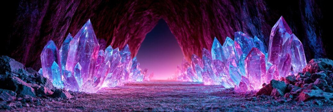 Enchanting cave passage filled with glowing amethyst and sapphire crystals, mystical fantasy landscape.