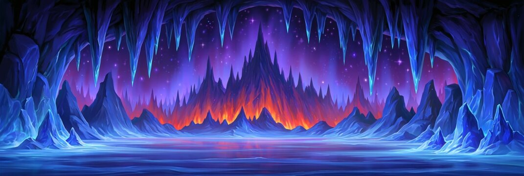 Enchanting Ice Cave with Fiery Mountains and Starry Purple Sky