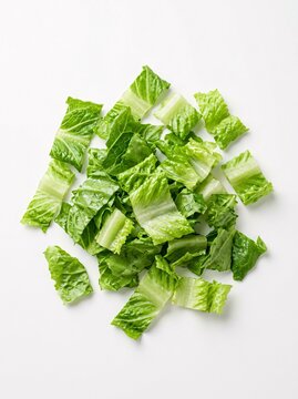 Chopped Fresh Romaine Lettuce Leaves on White Background, Healthy Ingredient for Salads