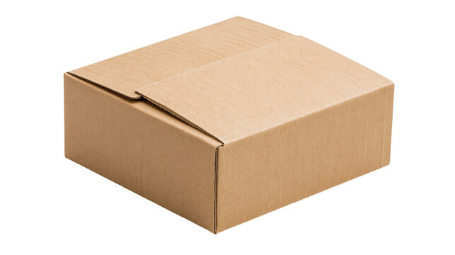 Cardboard box with flaps closed, brown paper packaging