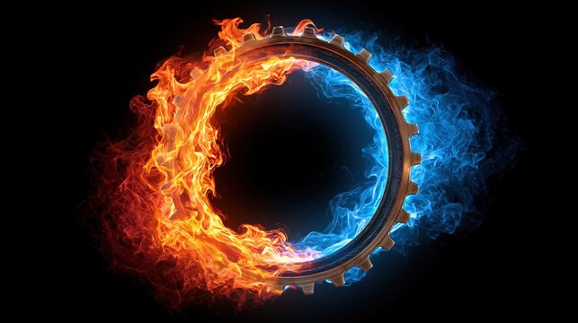 Gear engulfed in contrasting fire and ice flames against a dark background
