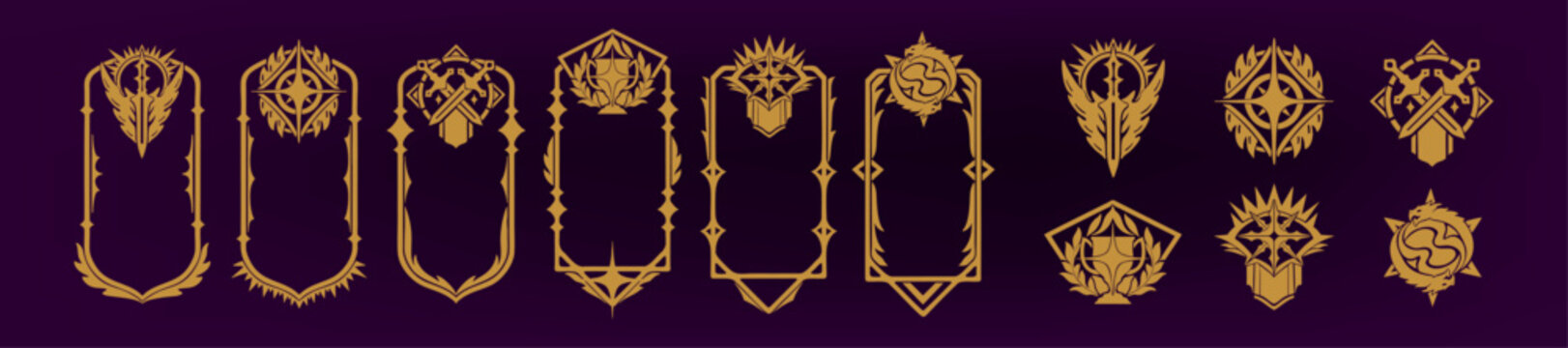 Fantasy game frame set, vector mystic medieval RPG border ranking achievement gothic panel concept. Dark magic ornamental menu screen award logo badge gaming print. Hand drawn stream game banner frame