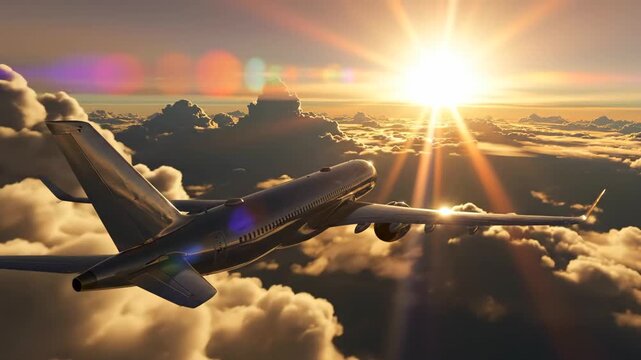 Jet flying over sunlit clouds sunset, evening charter approach with radiant sunburst, reflective fuselage and dramatic long shadows, warm lens flares and panoramic horizon mood for passenger