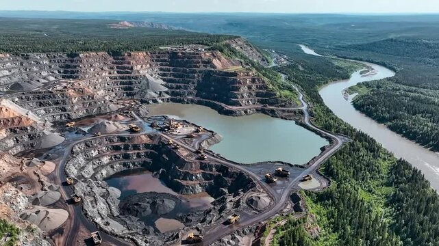 Aerial view of large open pit mine with heavy machinery and winding river landscape mining industry drone shot