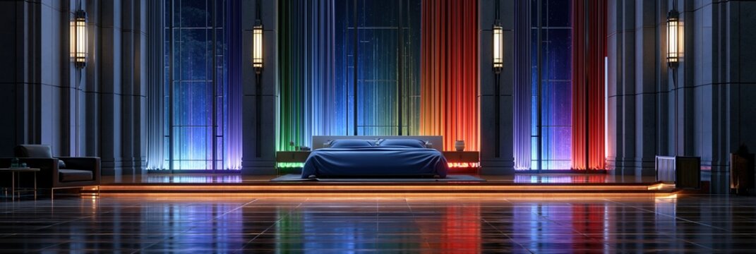 Luxurious bedroom with rainbow curtains, modern design, and dramatic lighting