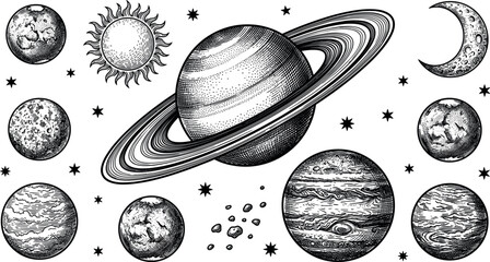 Solar System Planets and Celestial Objects Vector Illustration Set with Vintage Engraving Style Sketch of Sun Moon Saturn Jupiter and Stars © Joba