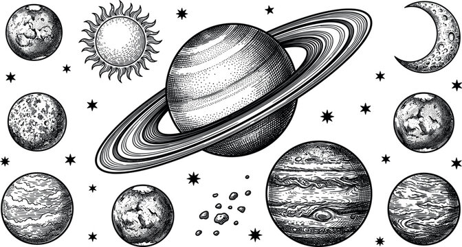 Solar System Planets and Celestial Objects Vector Illustration Set with Vintage Engraving Style Sketch of Sun Moon Saturn Jupiter and Stars