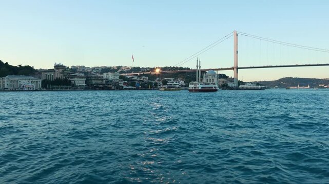 a trip along the Bosphorus Strait towards the Galata Bridge