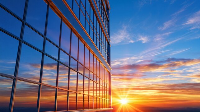 Modern Glass Skyscraper Reflecting a Vibrant Sunset Sky with Wispy Clouds
