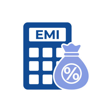 EMI calculator icon with money bag. Financial loan installment payment planning symbol.