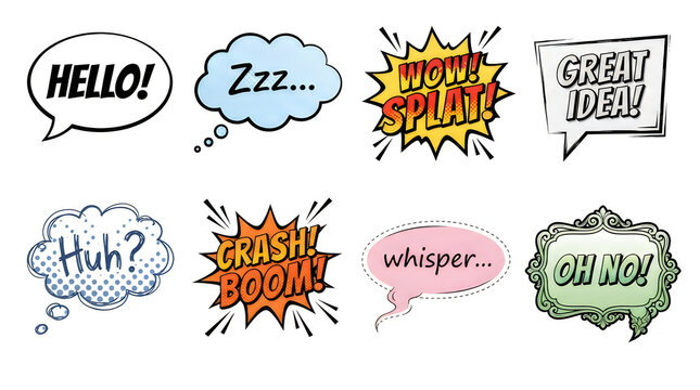 Set of colorful comic book speech bubbles with funny text illustration