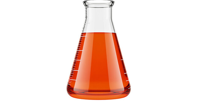Glass Erlenmeyer flask with orange liquid and measurement markings