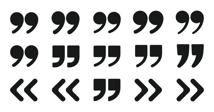 Quotation mark icon set, black quote symbols in different styles for text, citations, dialogue and typography, clean modern vector illustration