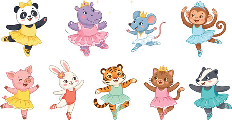Cute ballerina animals vector character set featuring a panda hippo mouse monkey pig rabbit tiger cat and badger dancing ballet in colorful tutus © Rumi