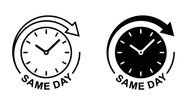 Same Day Delivery Icons: Two stylized clock icons, one outlined and one solid black, symbolize the concept of same-day service with an accompanying arrow indicating cyclical progress.