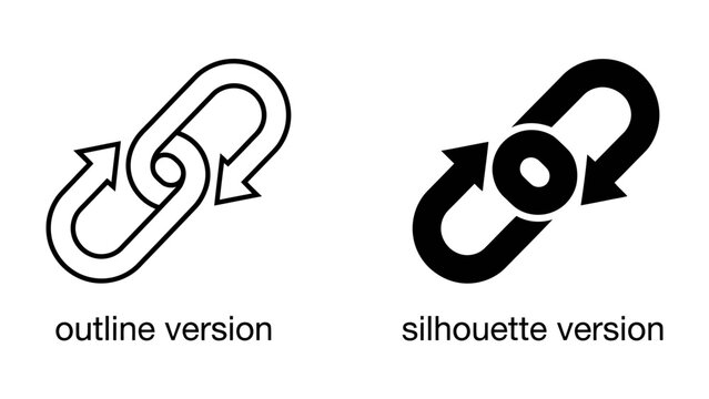 Linked Arrows Symbol: A graphic representation of interconnected arrows forming a chain-link symbol, presented in both outline and silhouette versions, symbolizing connection, process.