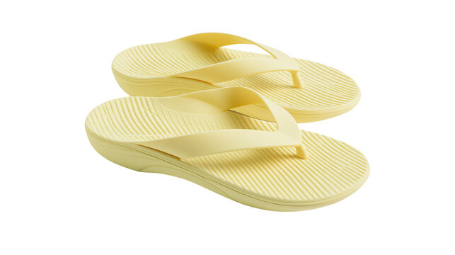Pale yellow rubber flip-flops with textured soles