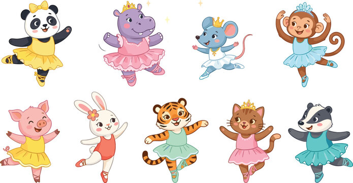 Cute ballerina animals vector character set featuring a panda hippo mouse monkey pig rabbit tiger cat and badger dancing ballet in colorful tutus