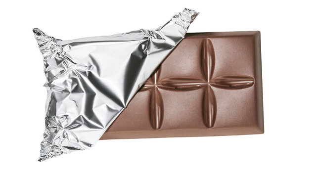 Chocolate bar with opened silver foil wrapper