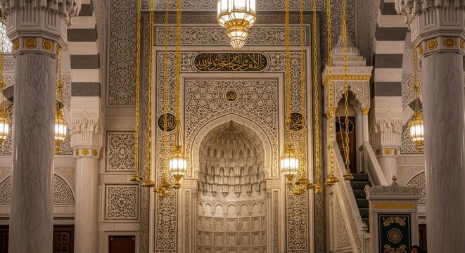 Interior of the prophets mosque in medina, saudi arabia with ornate mihrab and hanging lanterns