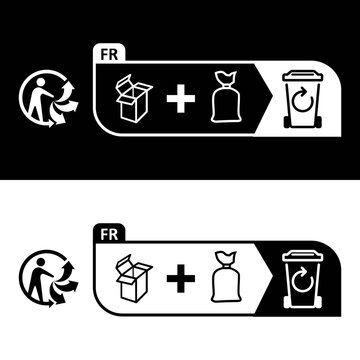 French FR Triman Mixed Waste Disposal Label in Monochrome Instructing Consumers to Sort Cardboard and Flexible Packaging for Recycling
