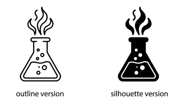 Chemical Reaction Icons: A pair of laboratory flasks, one outlined and one in silhouette, showcase a bubbling liquid with flames erupting from the top.