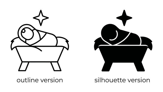 Nativity Scene Icons: A symbolic representation of the Nativity scene, featuring a baby Jesus in a manger under a guiding star, presented in both outline and silhouette versions.