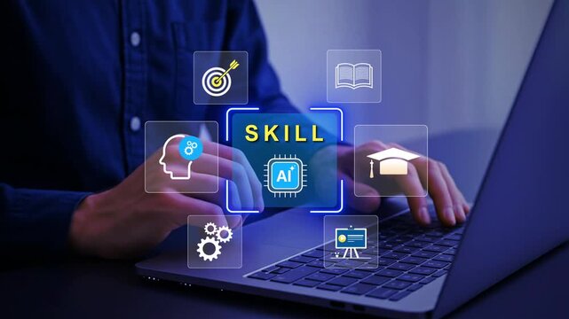 Businessman using laptop with AI skill development interface for online learning, digital education, career growth, workforce training and smart technology improvement in modern business.
