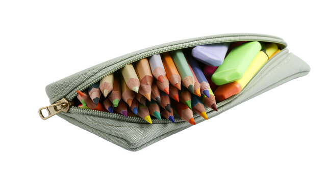 Canvas pencil case filled with colored pencils and highlighters
